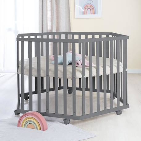 ROBA Parc Bébé Hexagonal - avec Tapis Grège en Cuir PU Hydrofuge + 6 Roulettes à Freins - Hauteur Réglable - Bois Anthracite NOIR 4 - vertbaudet enfant 