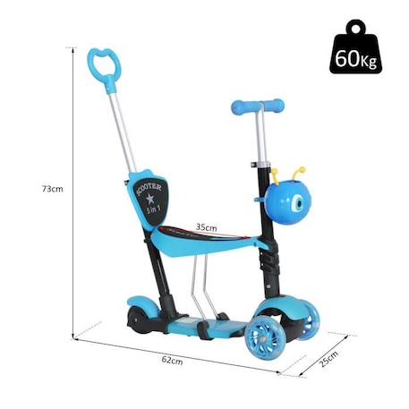 Trottinette pour enfants trottinette 3 roues évolutive 3 en 1 hauteur guidon réglable canne telescopique selle dossier amovible BLEU 3 - vertbaudet enfant 