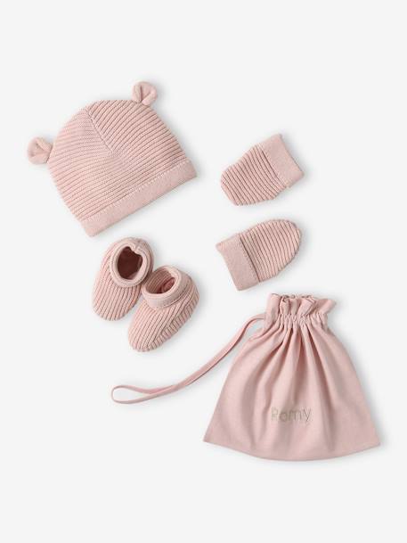 Ensemble bonnet, moufles et chaussons bébé naissance et son pochon personnalisable bleu grisé+bleu jean+écru+rose poudré 20 - vertbaudet enfant 