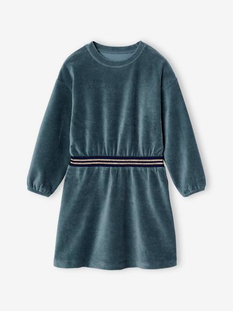 Robe en velours ceinture rayée irisée fille bleu canard+bois de rose 1 - vertbaudet enfant 