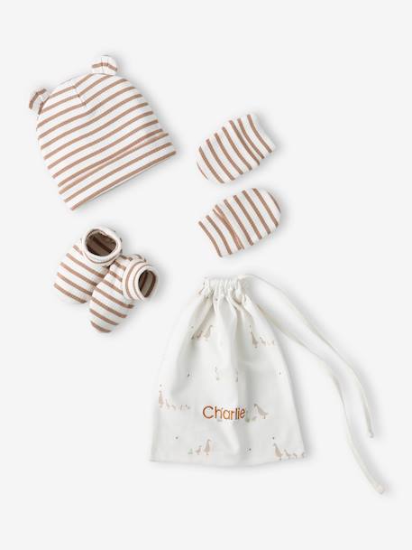 Ensemble naissance bonnet + moufles + chaussons + pochon personnalisable cappuccino 1 - vertbaudet enfant 