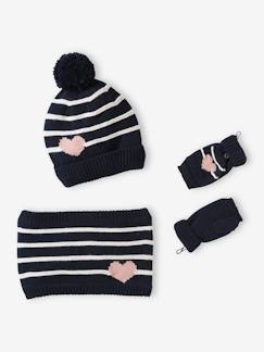 -Ensemble bonnet + snood + moufles/mitaines rayures/coeur fille