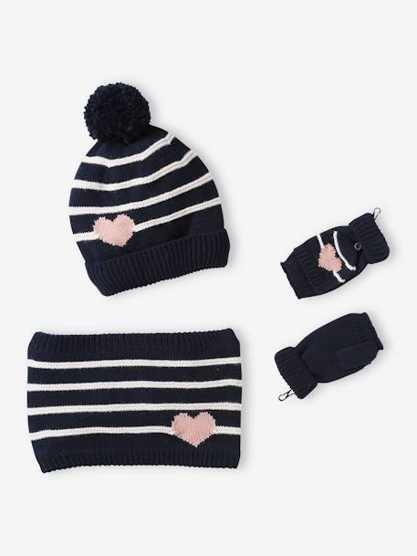 Ensemble bonnet + snood + moufles/mitaines rayures/coeur fille écru+marine 8 - vertbaudet enfant 