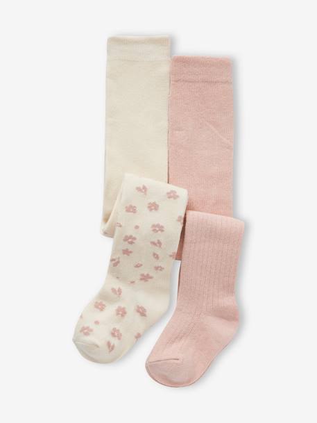 Lot de 2 paires de collants bébé fille à fleurs et en côtes écru 1 - vertbaudet enfant 