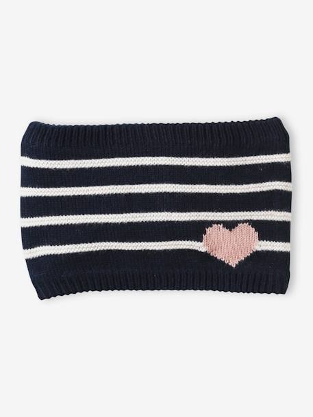 Ensemble bonnet + snood + moufles/mitaines rayures/coeur fille écru+marine 10 - vertbaudet enfant 