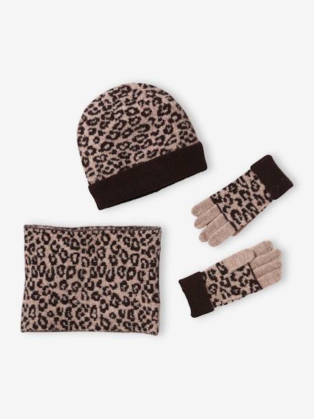 Ensemble léopard bonnet + snood + gants fille marron imprimé 1 - vertbaudet enfant 