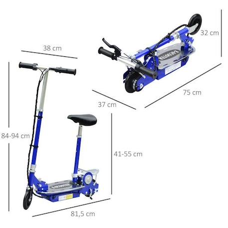 Trottinette électrique 120 W pliable pour enfants à partir de 7 ans hauteur de guidon et selle réglable 10 Km/h max. bleu BLEU 2 - vertbaudet enfant 