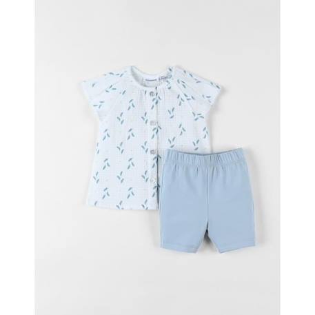 Ensemble blouse brodé fleuri + short écru/bleu ciel BLANC 1 - vertbaudet enfant 