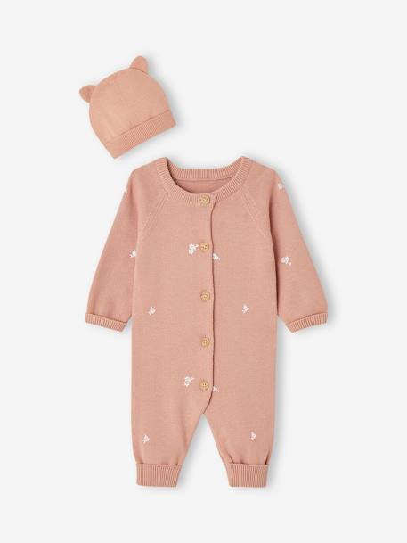 Ensemble bébé combinaison en tricot + bonnet à oreilles assorti rose 1 - vertbaudet enfant 