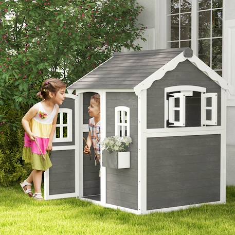 Cabane enfant extérieur Outsunny maison enfant extérieure, avec porte, fenêtres, bac à plantes, plancher - en bois gris GRIS 2 - vertbaudet enfant 