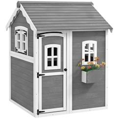 Jouet-Jeux de plein air-Jeux de jardin-Cabane enfant extérieur Outsunny maison enfant extérieure, avec porte, fenêtres, bac à plantes, plancher - en bois gris