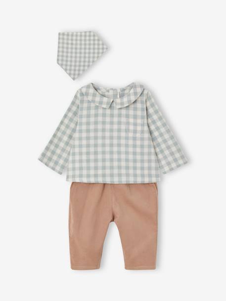 Ensemble bébé chemise body + pantalon velours + bandana vert sauge 1 - vertbaudet enfant 