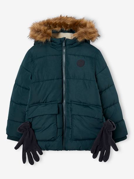 Doudoune à capuche doublée polaire avec gants ou moufles garçon BLEU+MORDORE+vert sapin 18 - vertbaudet enfant 