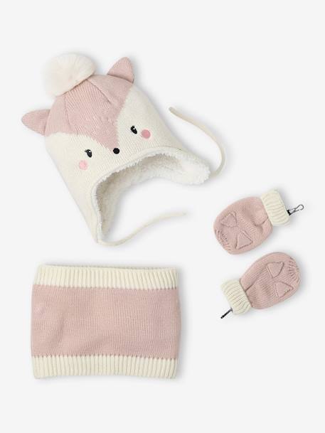 Ensemble bonnet + snood + moufles 'Chatounette' bébé fille rose pâle 1 - vertbaudet enfant 