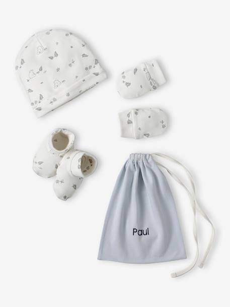 Ensemble naissance ours bonnet + moufles + chaussons + pochon personnalisable bleu pâle 1 - vertbaudet enfant 