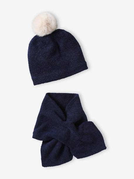 Ensemble bonnet à pompon + écharpe fille en maille mousseuse marine 1 - vertbaudet enfant 