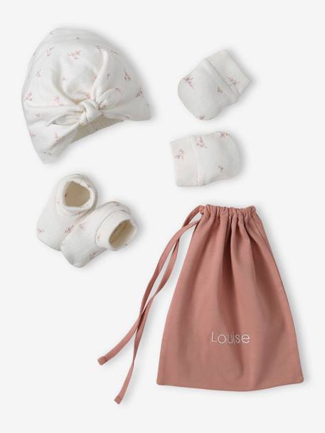 Ensemble naissance fille bonnet + moufles + chaussons + pochon personnalisable rose 1 - vertbaudet enfant 