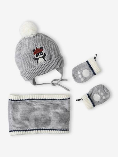 Ensemble bonnet + snood + moufles 'panda' bébé garçon gris chiné 1 - vertbaudet enfant 