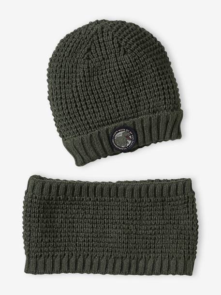 Ensemble bonnet badge dinosaure + snood garçon kaki 1 - vertbaudet enfant 