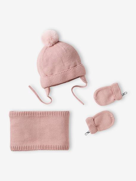 Ensemble bébé fille bonnet + snood + moufles rose poudré 1 - vertbaudet enfant 