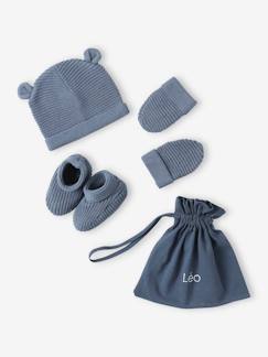 -Ensemble bonnet, moufles et chaussons bébé naissance et son pochon personnalisable