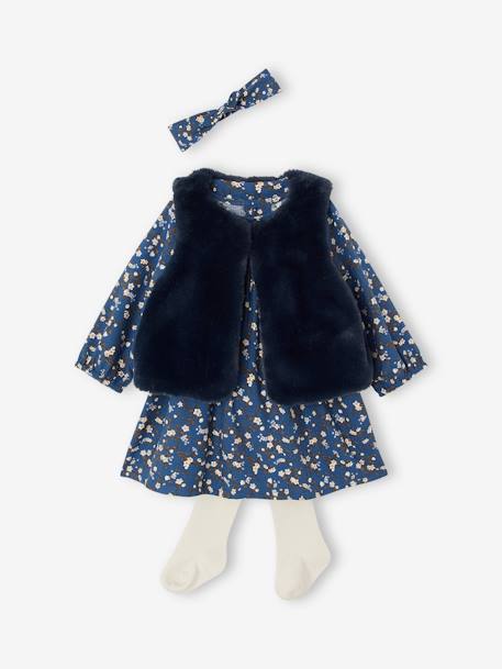 Ensemble 4 pièces bébé robe + gilet réversible + bandeau + collants marine 1 - vertbaudet enfant 