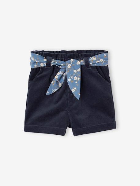 Short en velours lisse ceinture à nouer à fleurs bébé marine 1 - vertbaudet enfant 