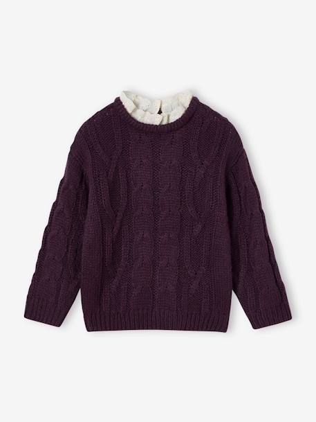 Pull à torsades col broderie anglaise fille prune 2 - vertbaudet enfant 