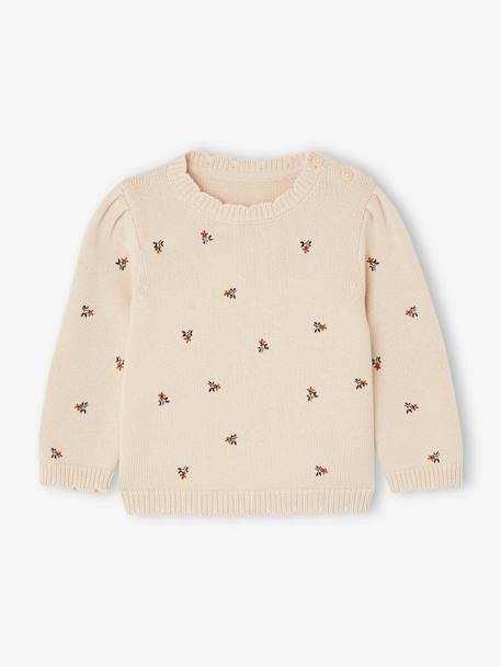 Pull brodé fleurs bébé beige poudré 1 - vertbaudet enfant 