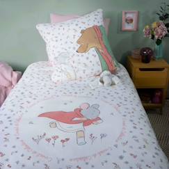 Linge de maison et décoration-Linge de lit enfant-Parure de lit - Ernest et Celestine Jardin - 100% coton - Réversible - Rose et blanc