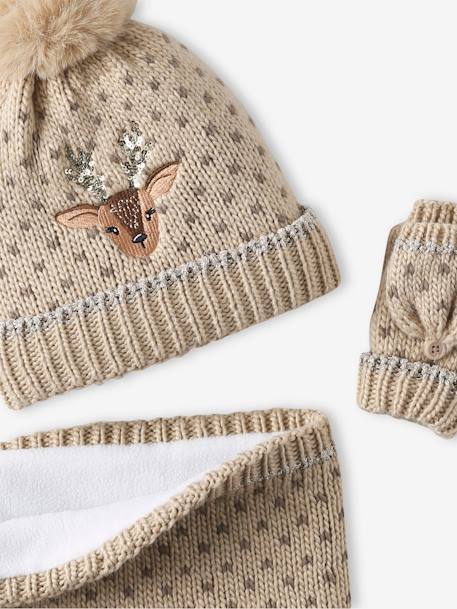 Coffret de Noël 'Biche' fille ensemble bonnet + snood + mitaines beige doré 4 - vertbaudet enfant 