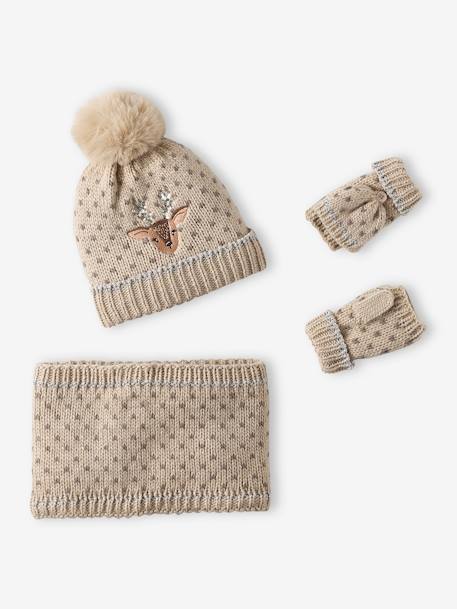 Coffret de Noël 'Biche' fille ensemble bonnet + snood + mitaines beige doré 10 - vertbaudet enfant 