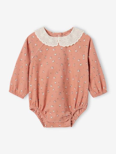 Barboteuse en velours imprimé fleurs bébé col en broderie anglaise rose 1 - vertbaudet enfant 