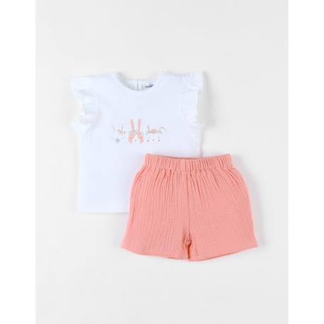 Bébé-Ensemble t-shirt lapins, short, corail,écru