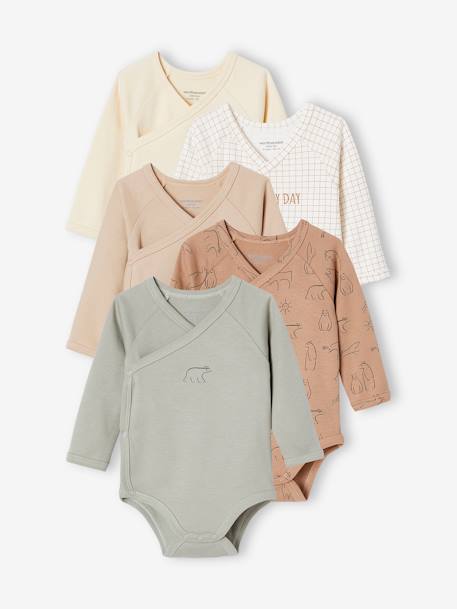 Lot 5 bodies manches longues bébé ouverture naissance en coton bio beige 1 - vertbaudet enfant 