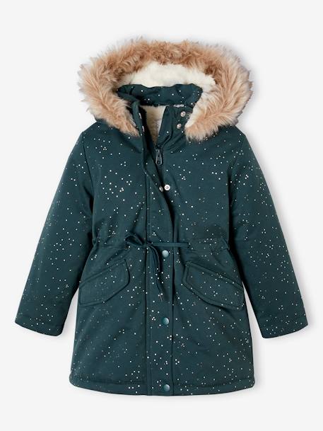 Parka à paillettes glitter fille doublée fausse fourrure blush+vert émeraude 9 - vertbaudet enfant 