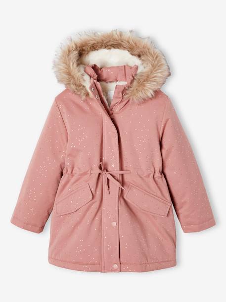 Parka à paillettes glitter fille doublée fausse fourrure blush+vert émeraude 1 - vertbaudet enfant 