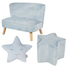 Chambre et rangement-ROBA Canapé et Pouf Enfant Lil Sofa + Coussin Décoratif Étoile - Ensemble en Velours - Bleu clair