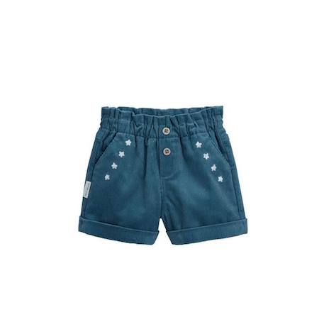 Fille-Short bébé en velours côtelé - Népal - Fille - Bleu - Détails fleuris - Boutons pailletés