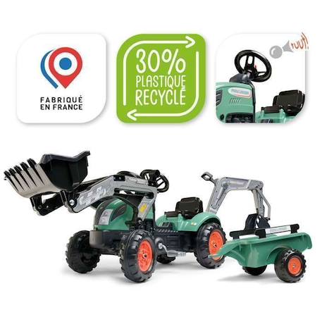 Tractopelle à pédales Farm Lander avec excavatrice et remorque - FALK - Dès 2 ans - 100% Fabriqué en France - 30% plastique recyclé VERT 2 - vertbaudet enfant 