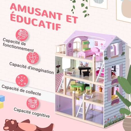 HOMCOM Maison de poupée en Bois Jeu d'imitation Grand réalisme Multi-équipement 60L x 30l x 80H cm Blanc et Rose ROSE 4 - vertbaudet enfant 