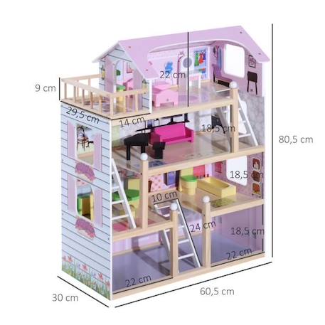 HOMCOM Maison de poupée en Bois Jeu d'imitation Grand réalisme Multi-équipement 60L x 30l x 80H cm Blanc et Rose ROSE 3 - vertbaudet enfant 