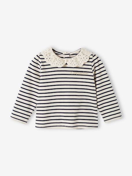 T-shirt col brodé bébé manches longues beige clair+rayé marine+rayé rouge 14 - vertbaudet enfant 