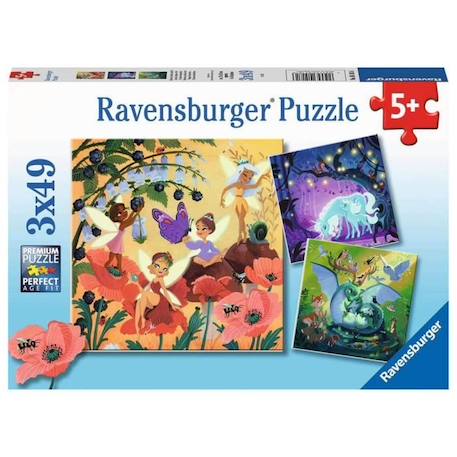 Puzzles Licorne, Dragon et Fée - Ravensburger - 3 x 49 pièces - Thème Humains et Célébrités - Rose ROSE 1 - vertbaudet enfant 