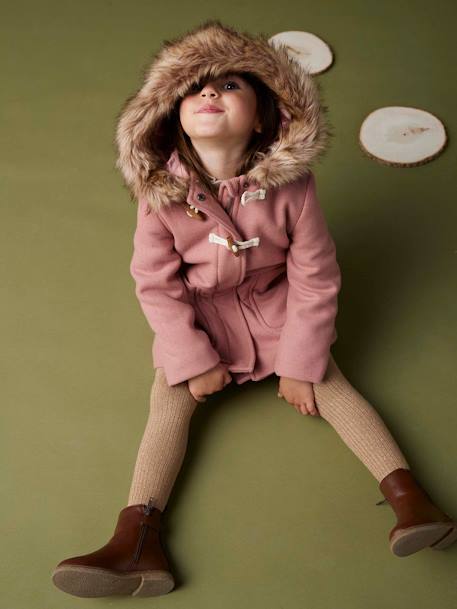 Duffle-coat à capuche en drap de laine fille fermé par brandebourgs blush+camel 2 - vertbaudet enfant 