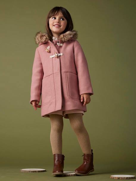 Duffle-coat à capuche en drap de laine fille fermé par brandebourgs blush+camel 1 - vertbaudet enfant 