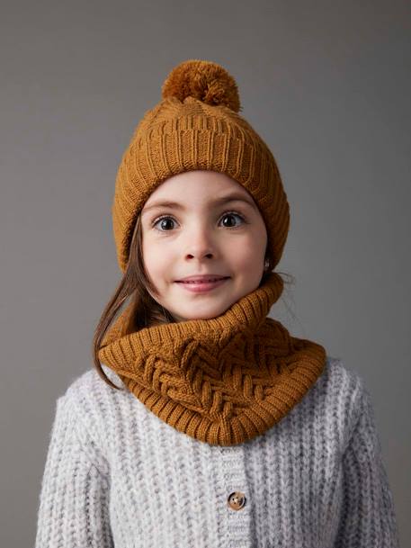 Ensemble bonnet + snood + gants ou moufles en maille torsadée fille écru+moutarde 18 - vertbaudet enfant 