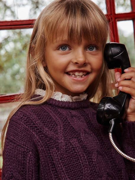 Pull à torsades col broderie anglaise fille prune 1 - vertbaudet enfant 