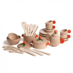 Jouet-Jeux d'imitation-Cuisines et dinette-Set de vaisselle en bois naturel pour enfant - ERZI - 36 pièces