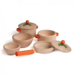 Jouet-Set de cuisine naturel 7 pcs - ERZI - Dinette en bois pour enfants - Couleur Beige et orange - A partir de 3 ans